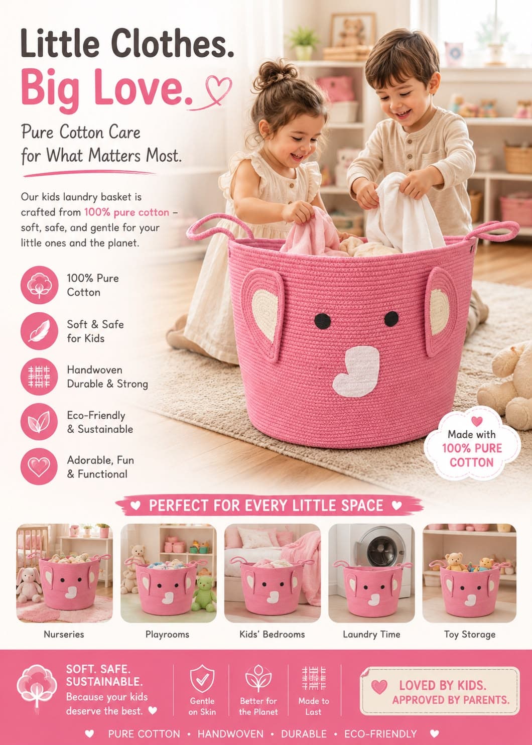 Kids cotton basket in a bright playroom