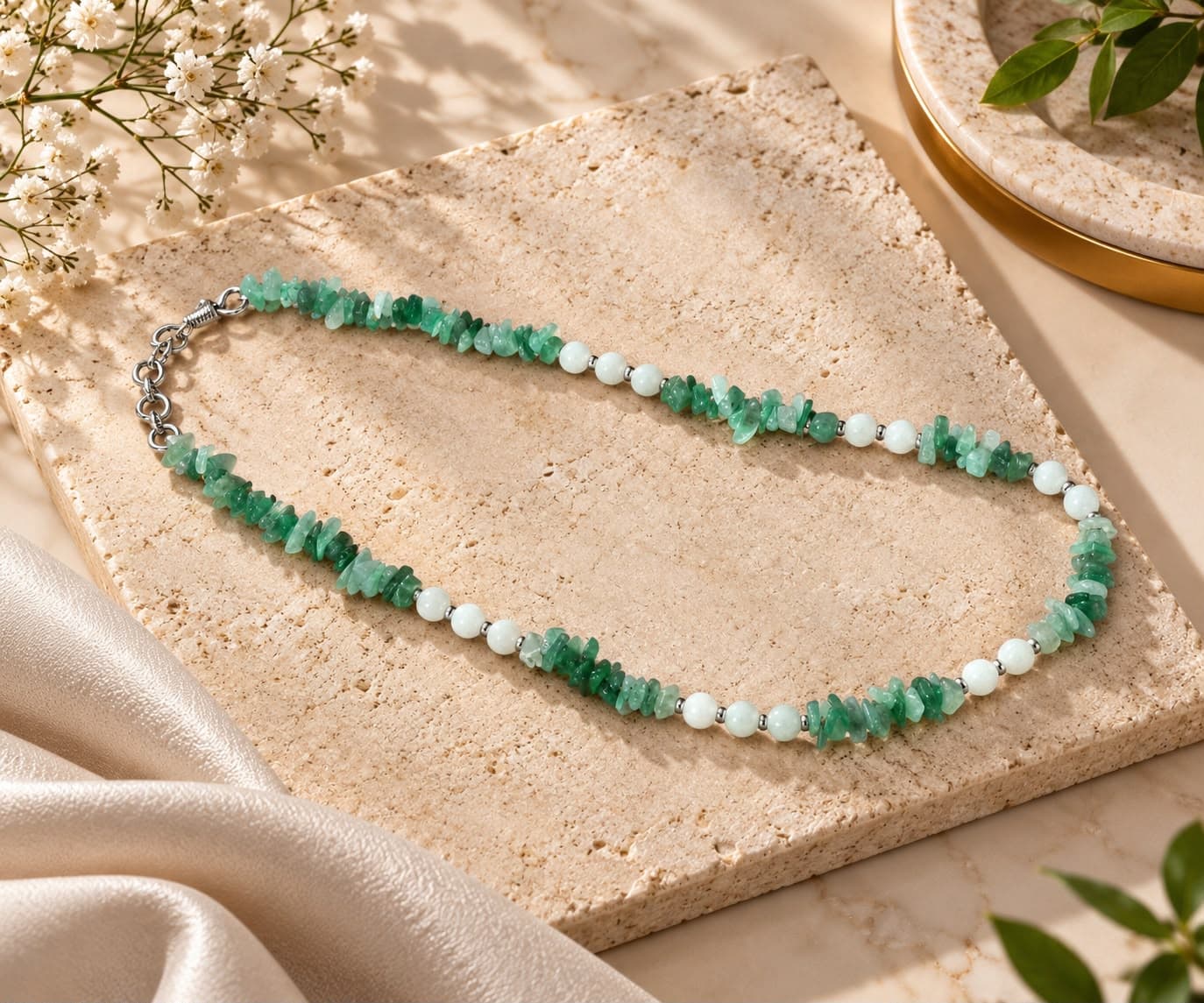 Emerald Pearl Chip Necklace — handcrafted emerald necklace